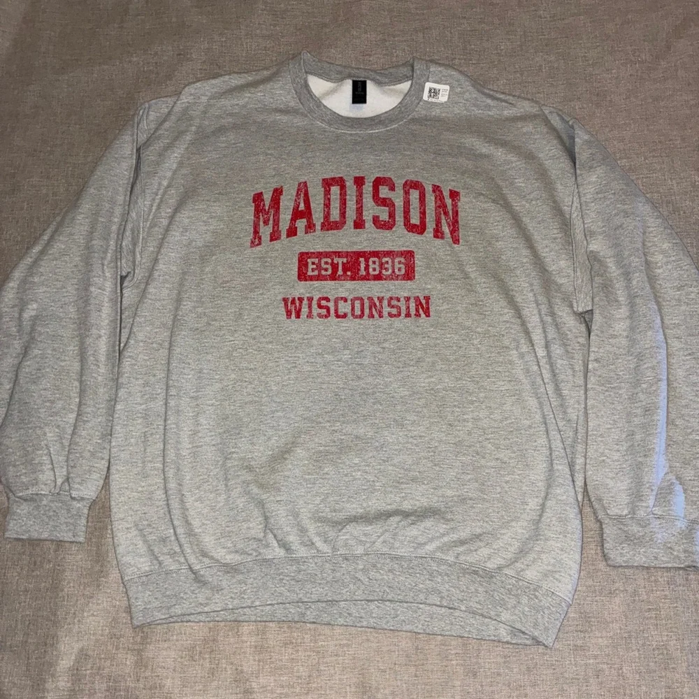 Madison Wisconsin Grey Crewneck Sweatshirt with Red Logo